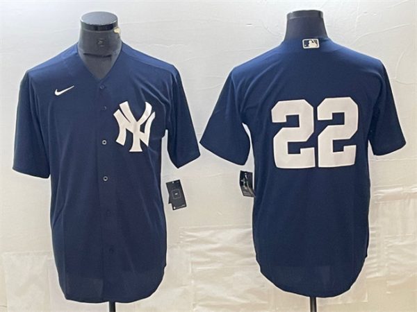 Men New York Yankees #22 Juan Soto Navy Cool Base Stitched Baseball Jersey