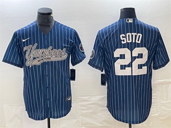 Men New York Yankees #22 Juan Soto Navy Cool Base Stitched Baseball Jersey