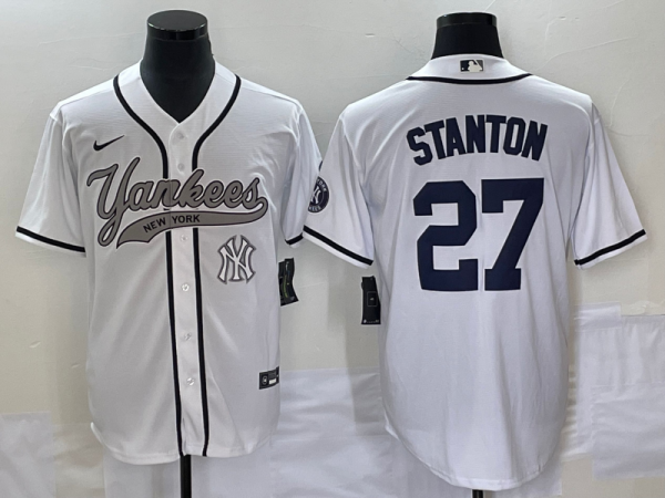 Men New York Yankees #27 Giancarlo Stanton White With Patch Cool Base Stitched Baseball Jersey