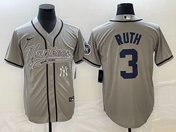 Men New York Yankees #3 Babe Ruth Gray With Patch Cool Base Stitched Baseball Jersey