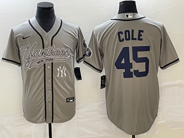 Men New York Yankees #45 Gerrit Cole Gray With Patch Cool Base Stitched Baseball Jersey