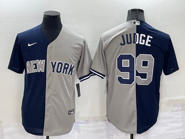 Men New York Yankees #99 Aaron Judge Navy/Grey Split Cool Base Stitched Baseball Jersey