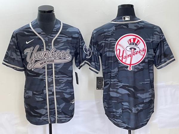 Men New York Yankees Gray Camo Team Big Logo With Patch Cool Base Stitched Baseball Jersey