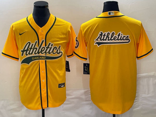 Men Oakland Athletics Yellow Team Big Logo Cool Base Stitched Baseball Jersey 002