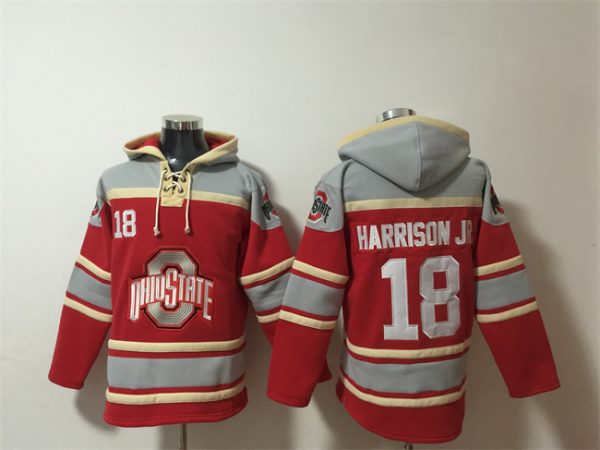 Men Ohio State Buckeyes #18 Marvin Harrison JR. Red/GreyAgeless Must-Have Lace-Up Pullover Hoodie