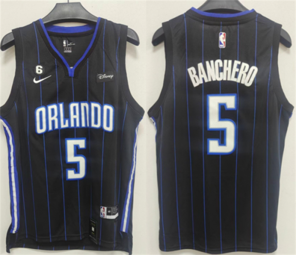 Men Orlando Magic #5 Paolo Banchero Black With No.6 Patch Icon Edition Stitched Swingman Jersey