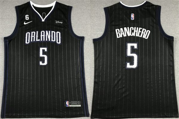 Men Orlando Magic #5 Paolo Banchero Black With No.6 Patch Icon Edition Stitched Swingman Jersey