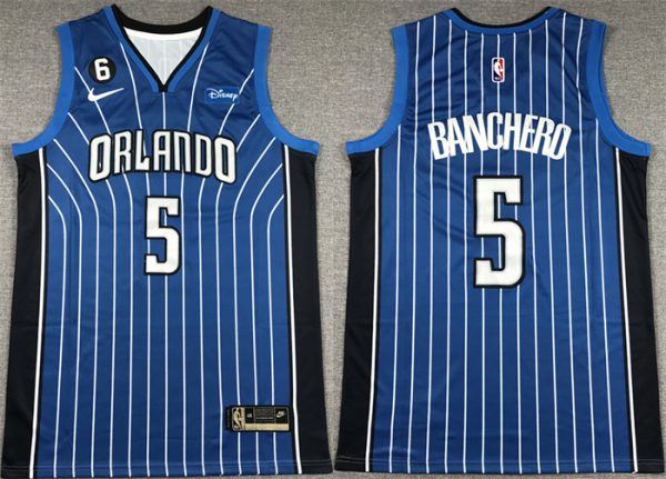 Men Orlando Magic #5 Paolo Banchero Blue With No.6 Patch Icon Edition Stitched Swingman Jersey