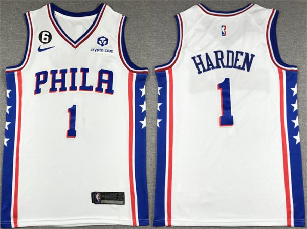 Men Philadelphia 76ers #1 James Harden White With NO.6 Patch Stitched Jersey