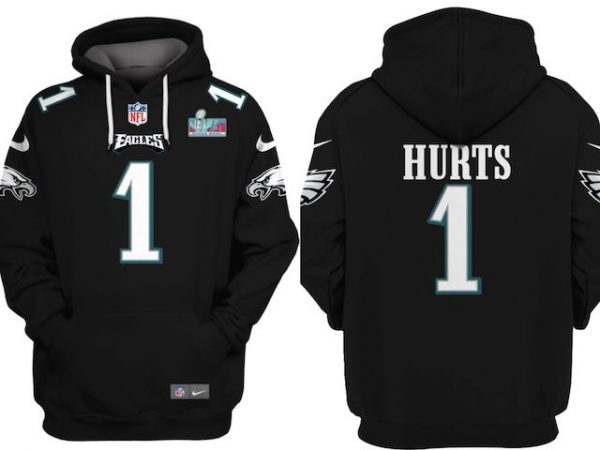 Men Philadelphia Eagles #1 Jalen Hurts Black Super Bowl LVII Patch Pullover Hoodie