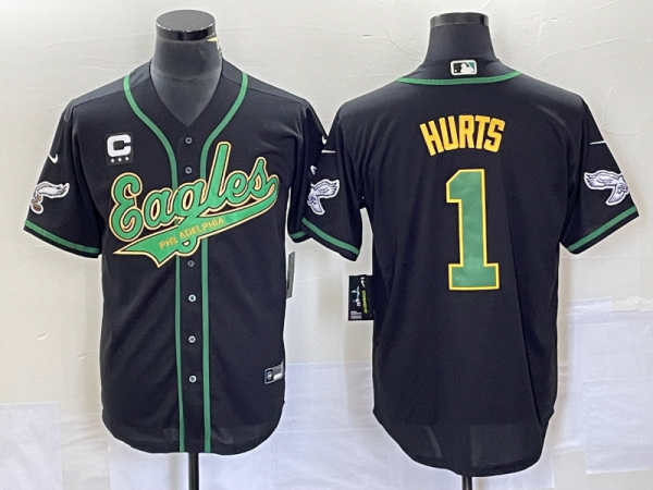 Men Philadelphia Eagles #1 Jalen Hurts Black With C Patch Cool Base Stitched Baseball Jersey