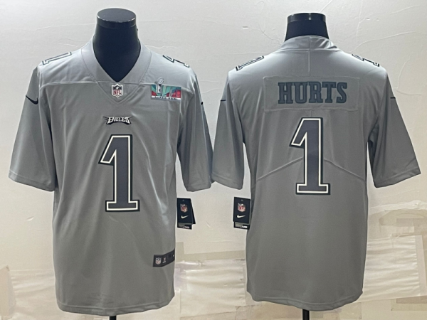 Men Philadelphia Eagles #1 Jalen Hurts Gray Super Bowl LVII Patch Atmosphere Fashion Stitched Jersey