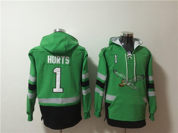 Men Philadelphia Eagles #1 Jalen Hurts Green Ageless Must-Have Lace-Up Pullover Hoodie
