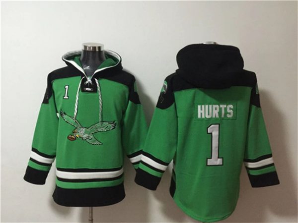 Men Philadelphia Eagles #1 Jalen Hurts Green Ageless Must-Have Lace-Up Pullover Hoodie
