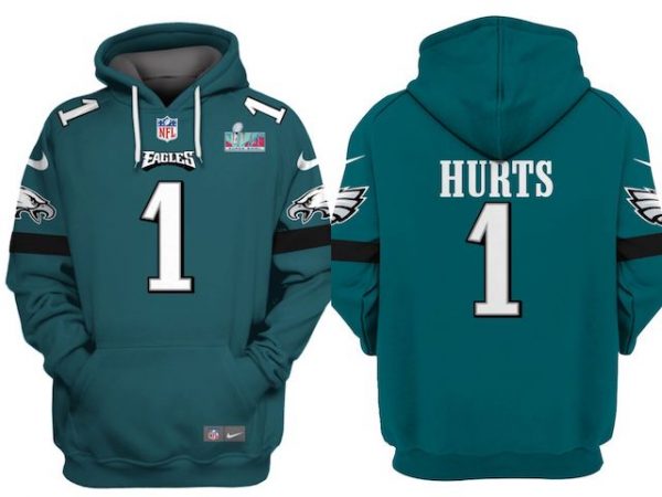 Men Philadelphia Eagles #1 Jalen Hurts Green Super Bowl LVII Patch Pullover Hoodie