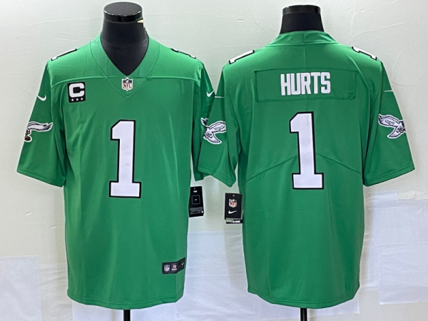 Men Philadelphia Eagles #1 Jalen Hurts Green Vapor Limited With C Patch Stitched Football Jersey