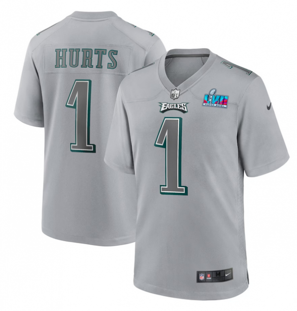 Men Philadelphia Eagles #1 Jalen Hurts Grey Super Bowl LVII Patch Atmosphere Fashion Stitched Game Jersey