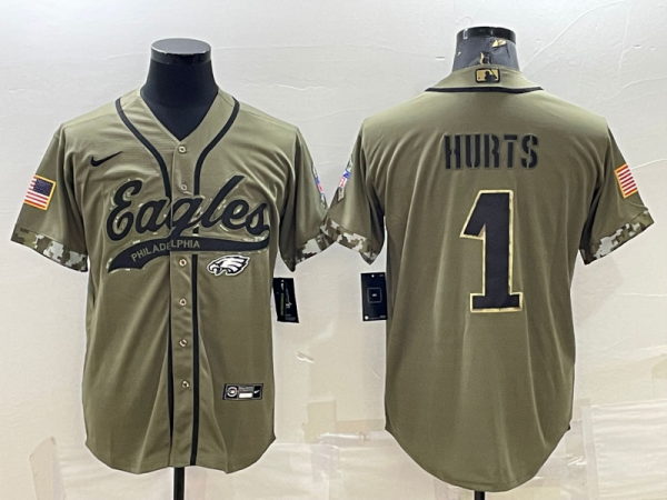 Men Philadelphia Eagles #1 Jalen Hurts Olive 2022 Salute To Service Cool Base Stitched Baseball Jersey