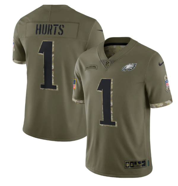 Men Philadelphia Eagles #1 Jalen Hurts Olive 2022 Salute To Service Limited Stitched Jersey