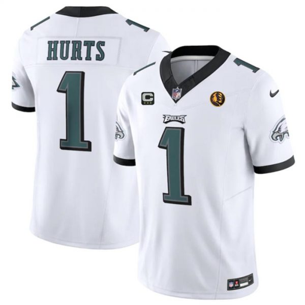 Men Philadelphia Eagles #1 Jalen Hurts White 2023 F.U.S.E. With 3-star C Patch And John Madden Patch Vapor Limited Stitched Football Jersey