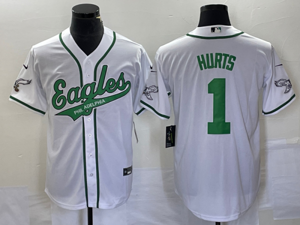Men Philadelphia Eagles #1 Jalen Hurts White Cool Base Stitched Baseball Jersey