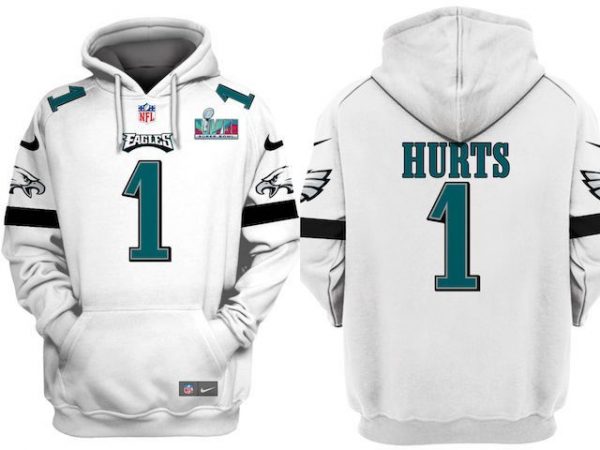 Men Philadelphia Eagles #1 Jalen Hurts White Super Bowl LVII Patch Pullover Hoodie