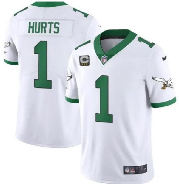 Men Philadelphia Eagles #1 Jalen Hurts White Vapor Limited With C Patch Stitched Football Jersey