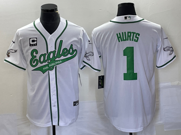 Men Philadelphia Eagles #1 Jalen Hurts White With C Patch Cool Base Stitched Baseball Jersey