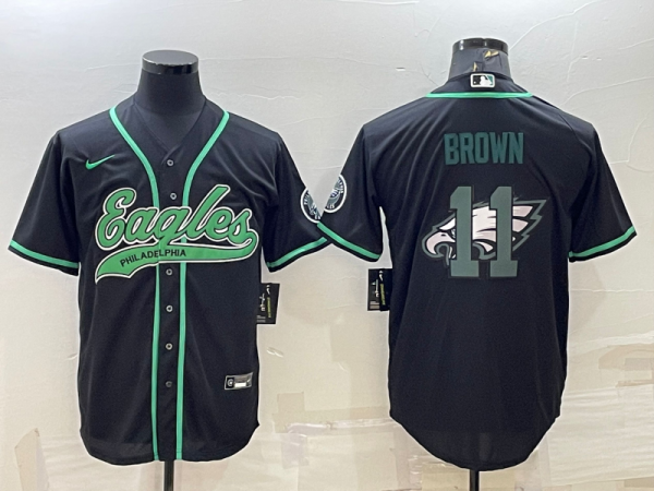 Men Philadelphia Eagles #11 A. J. Brown Black Team Big Logo With Patch Cool Base Stitched Baseball Jersey