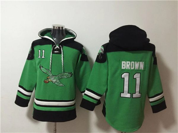 Men Philadelphia Eagles #11 A. J. Brown Green Ageless Must-Have Lace-Up Pullover Hoodie