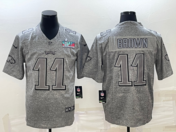 Men Philadelphia Eagles #11 A. J. Brown Grey Super Bowl LVII Patch Stitched Jersey
