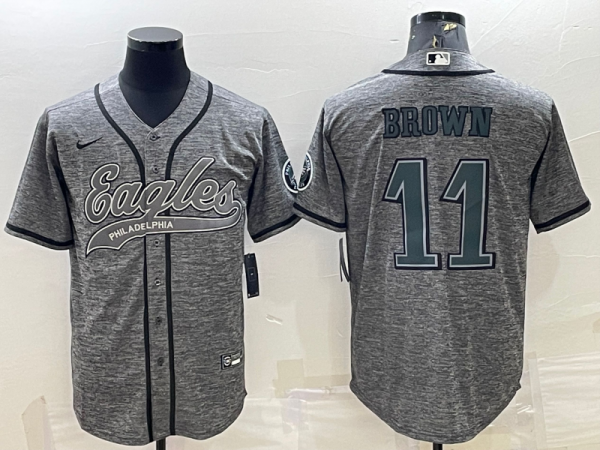 Men Philadelphia Eagles #11 A. J. Brown Grey With Patch Cool Base Stitched Baseball Jersey
