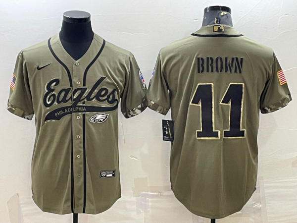 Men Philadelphia Eagles #11 A. J. Brown Olive 2022 Salute To Service Cool Base Stitched Baseball Jersey