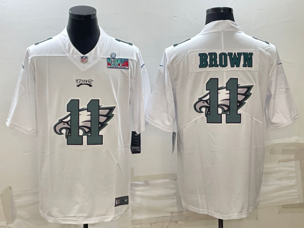 Men Philadelphia Eagles #11 A. J. Brown Super Bowl LVII Patch White Shadow Logo Limited Stitched Jersey