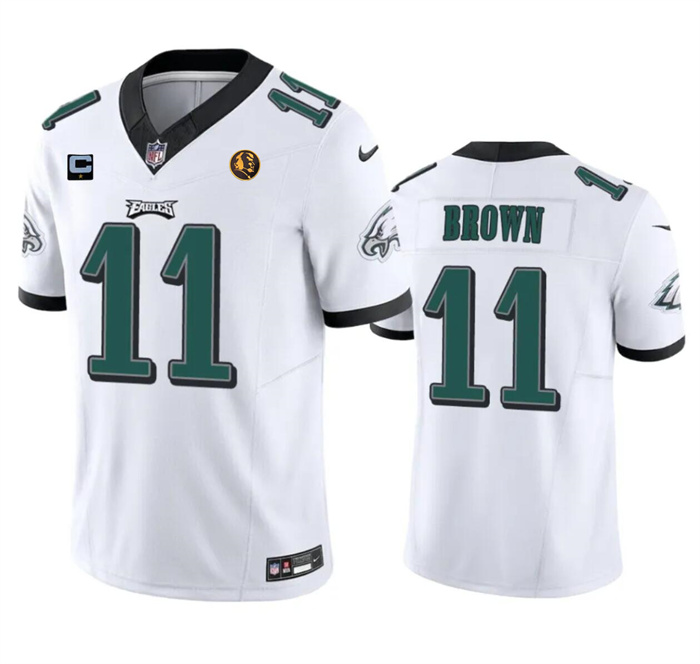Men Philadelphia Eagles #11 A. J. Brown White 2023 F.U.S.E. With 1-star C Patch And John Madden Patch Vapor Limited Stitched Football Jersey