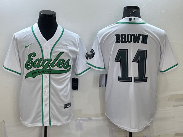 Men Philadelphia Eagles #11 A. J. Brown White With Patch Cool Base Stitched Baseball Jersey