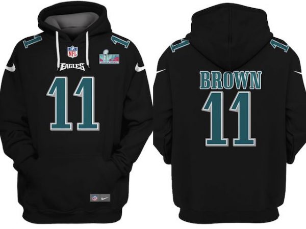 Men Philadelphia Eagles #11 A.J. Brown Black Super Bowl LVII Patch Pullover Hoodie