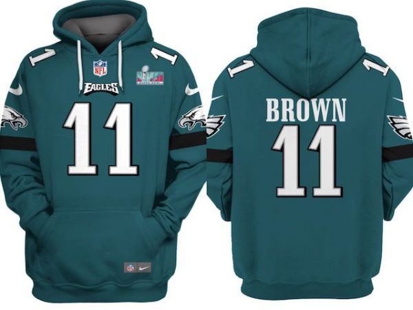 Men Philadelphia Eagles #11 A.J. Brown Green Super Bowl LVII Patch Pullover Hoodie