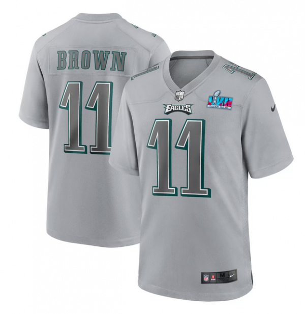 Men Philadelphia Eagles #11 A.J. Brown Grey Super Bowl LVII Patch Atmosphere Fashion Stitched Game Jersey