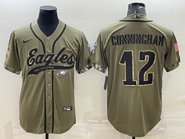 Men Philadelphia Eagles #12 Randall Cunningham Olive 2022 Salute To Service Cool Base Stitched Baseball Jersey