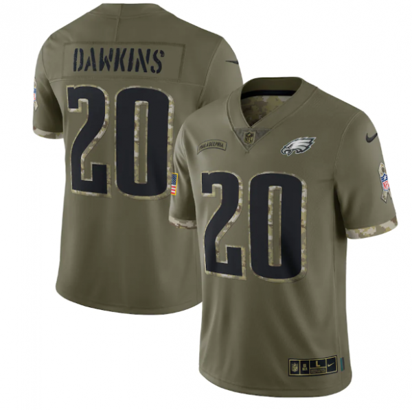 Men Philadelphia Eagles #20 Brian Dawkins Olive 2022 Salute To Service Limited Stitched Jersey
