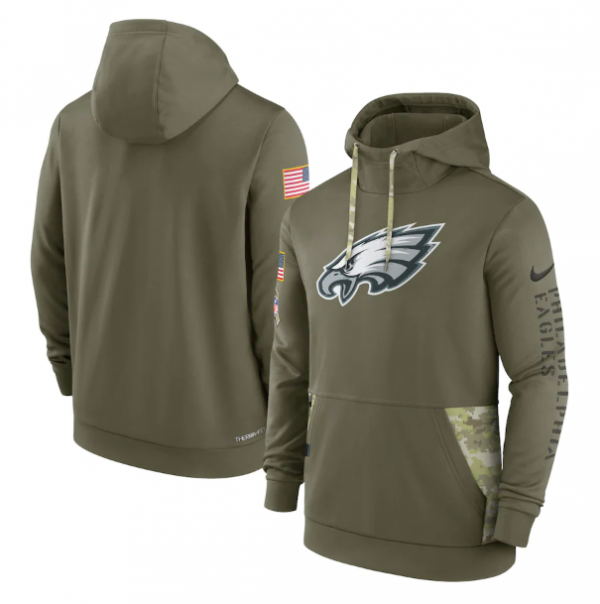 Men Philadelphia Eagles 2022 Olive Salute to Service Therma Performance Pullover Hoodie