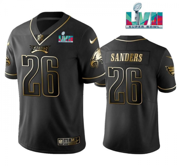 Men Philadelphia Eagles #26 Miles Sanders Black Golden Super Bowl LVII Patch Edition Stitched Football Jersey