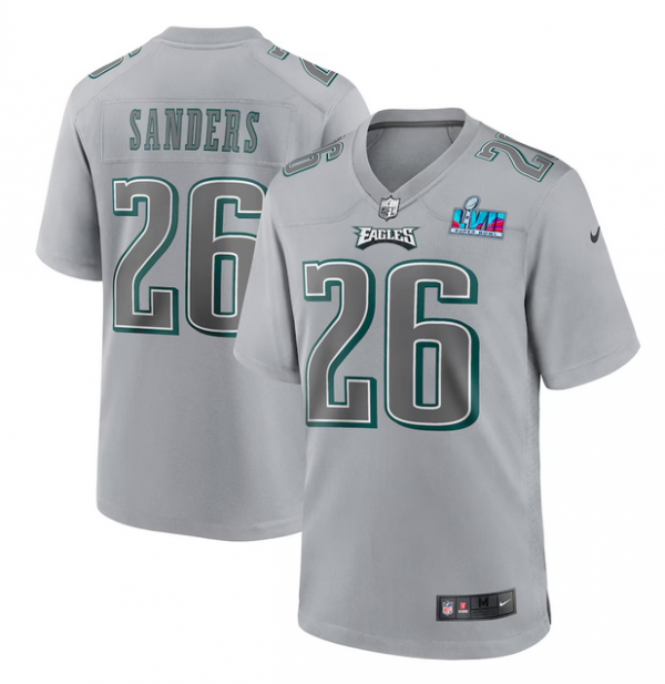 Men Philadelphia Eagles #26 Miles Sanders Grey Super Bowl LVII Patch Atmosphere Fashion Stitched Game Jersey