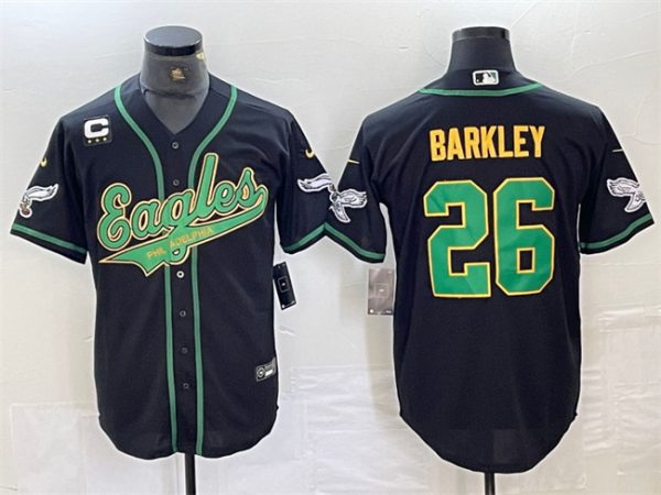 Men Philadelphia Eagles #26 Saquon Barkley Black/Gold With 3-star C Patch Cool Base Stitched Baseball Jersey