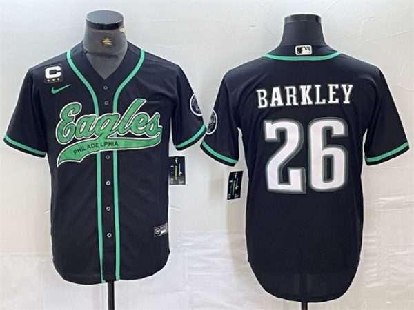 Men Philadelphia Eagles #26 Saquon Barkley Black With 3-star C Patch Cool Base Stitched Baseball Jersey