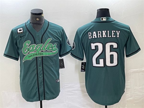 Men Philadelphia Eagles #26 Saquon Barkley Green With 3-star C Patch Cool Base Stitched Baseball Jersey