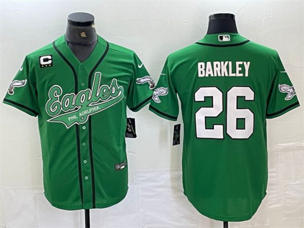 Men Philadelphia Eagles #26 Saquon Barkley Green With 3-star C Patch Cool Base Stitched Baseball Jersey