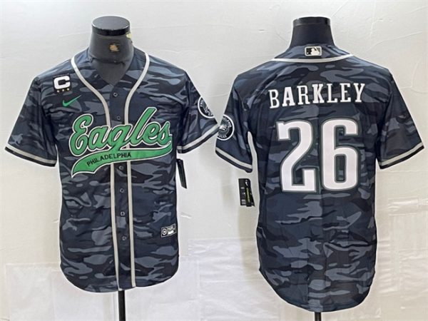 Men Philadelphia Eagles #26 Saquon Barkley Grey Camo With 3-star C Patch Cool Base Stitched Baseball Jersey