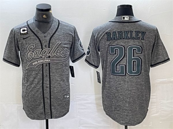 Men Philadelphia Eagles #26 Saquon Barkley Grey With 3-star C Patch Cool Base Stitched Baseball Jersey